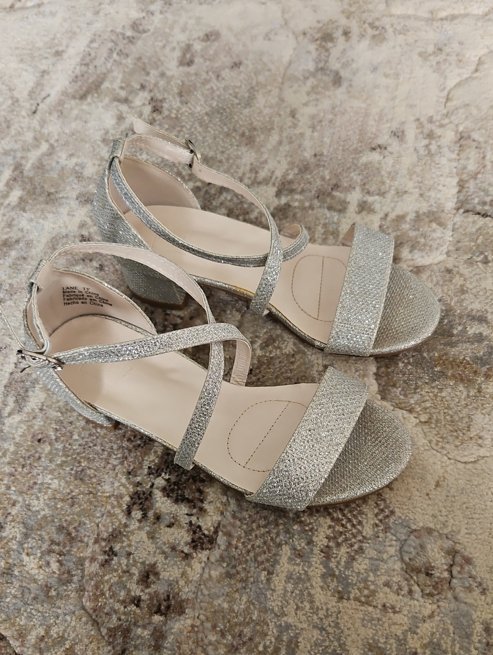 Kids - Girls Dress Shoe - Silver Glitter Strappy Block Heel Sandals - Size 1